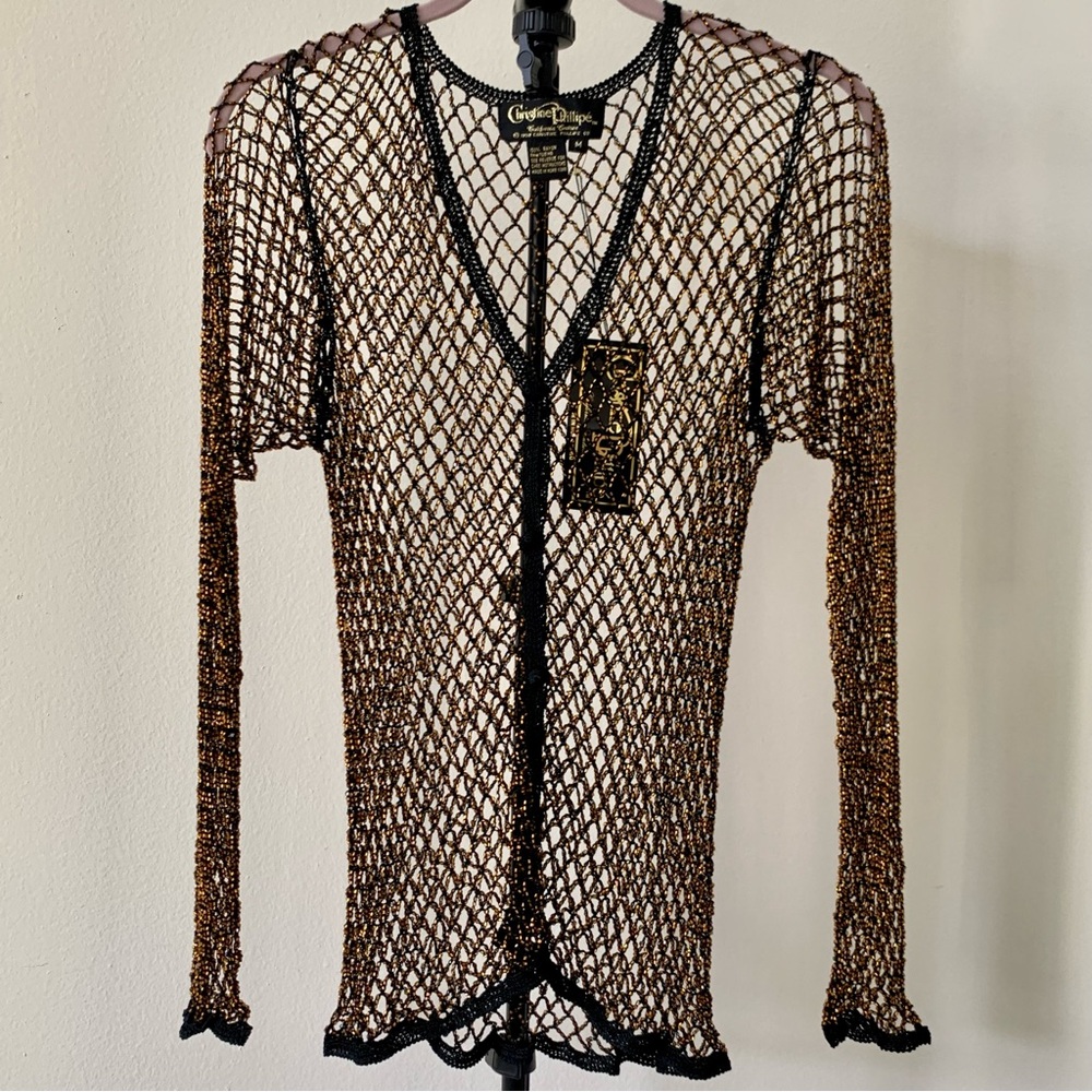 NWT Christine Phillipe Cali Couture Black & Bronze Beaded Crochet Knit Top Sz M
